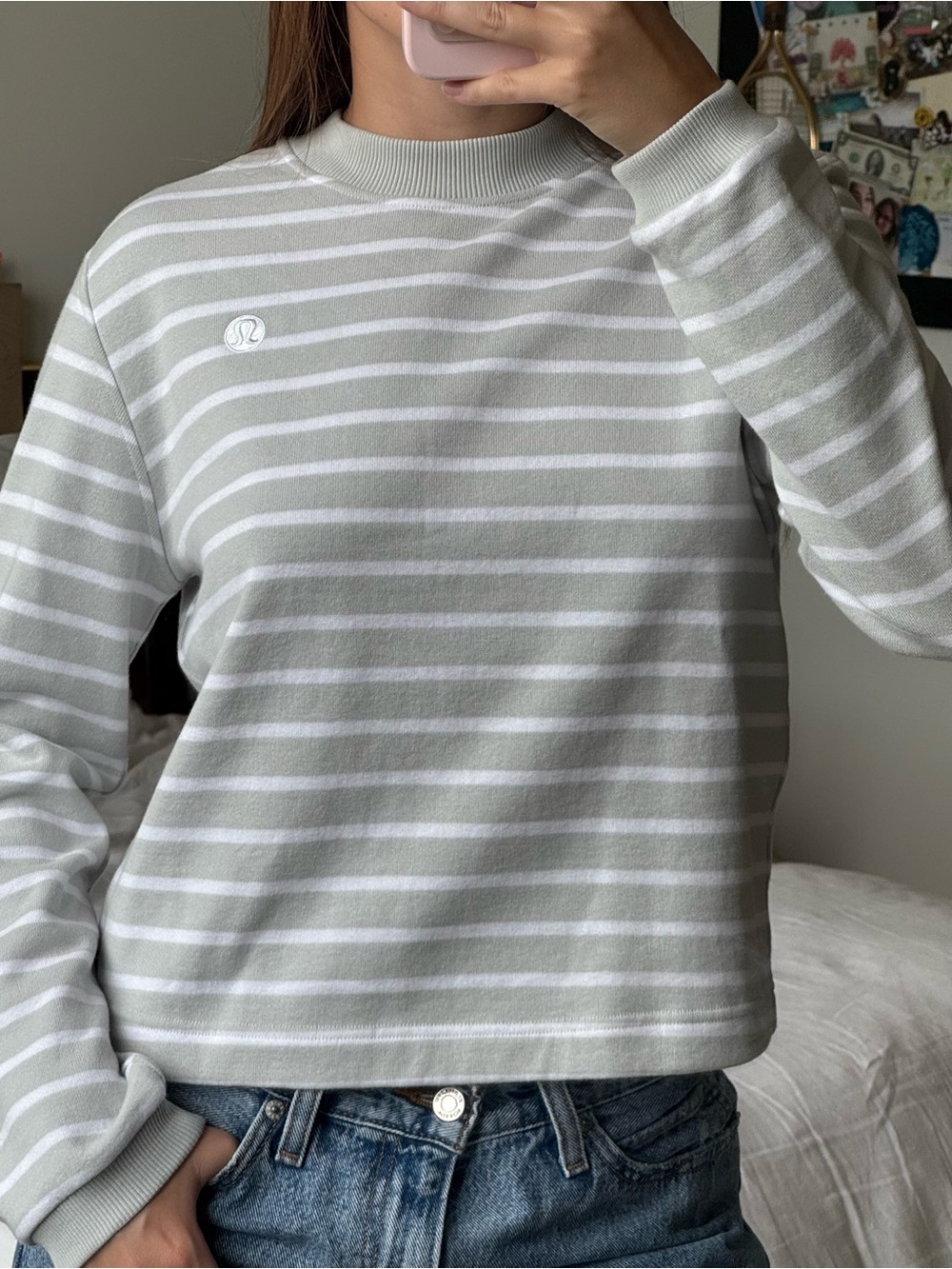 Lululemon Grey and White Striped Crewneck Sweatshirt